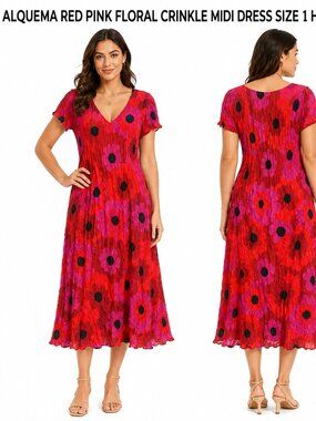 ALQUEMA RED PINK FLORAL CRINKLE MIDI DRESS SIZE 1 HIGH STRETCH / US Size 6-8